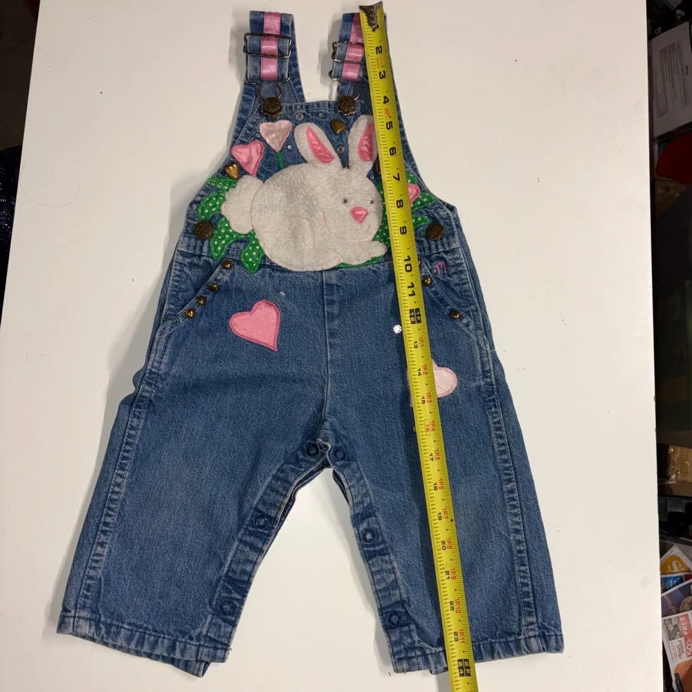 Vintage Osh Kosh Bgosh Custom Denim Bunny Overalls Hearts Rhinestones Blue Pink